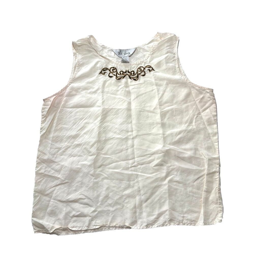 Le Sara Tank Top 1990s Vintage 100% Silk Embroidered Boho Artsy Natural Fiber L